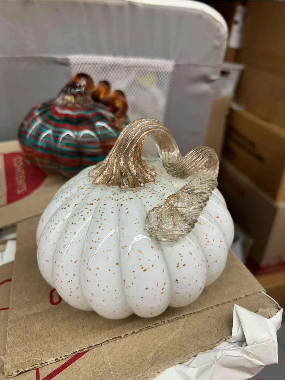 Decorative White Glass Pumpkin with Gold Stem - Holiday Home Accent